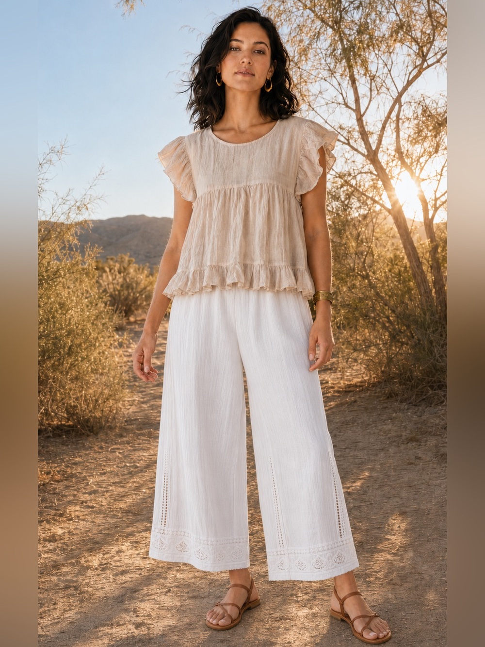 New! KKIBO Linen Ruffle Flutter-Sleeve Babydoll Boho Top Natural Beige 🐚 Small